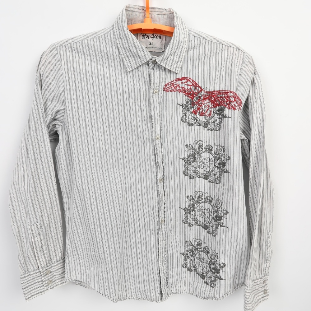 Pop Icon Buckle Grey Black Striped Shirt XL